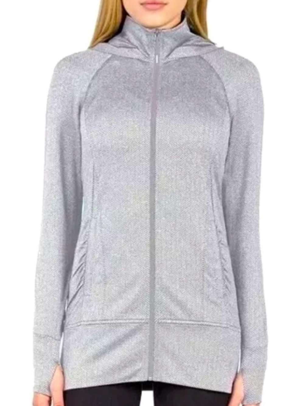 Mondetta Light Gray Full-Zip Hoodie, Ruched, Thumb Holes, Align, Small, Silver
